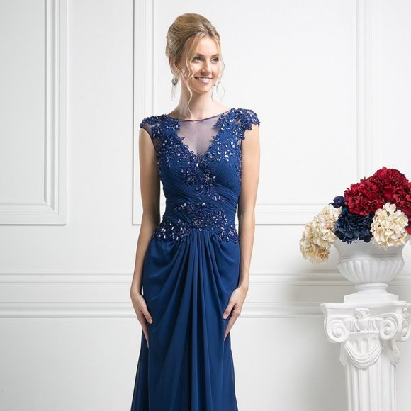 NEW LONG CHIFFON EMBROIDERED DRESS WITH ZIPPER BACK & ILLSUION V-NECK CD JC909